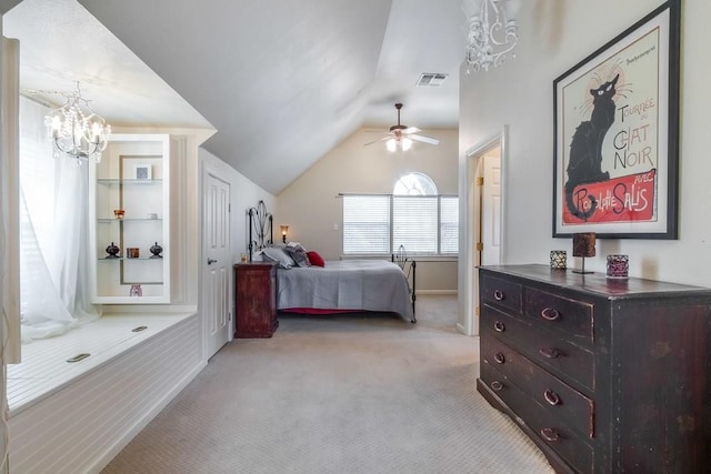 bedroom with vaulted ceiling, an inviting chandelier, light colored carpet, baseboards, and visible vents