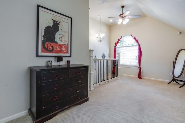carpeted bedroom with vaulted ceiling, visible vents, and baseboards