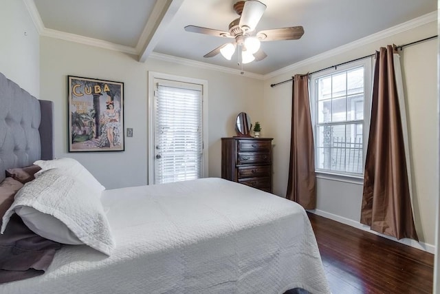 bedroom with ceiling fan, baseboards, crown molding, and wood finished floors