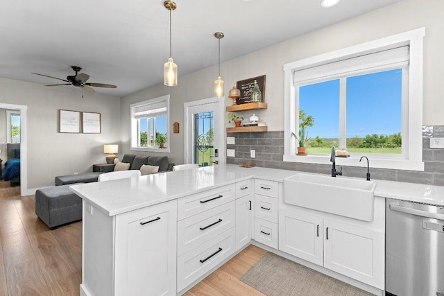 7993 W Fm 487, Florence, TX 76527 - kitchen featuring stainless steel dishwasher, a peninsula, decorative backsplash, and light wood-style floors