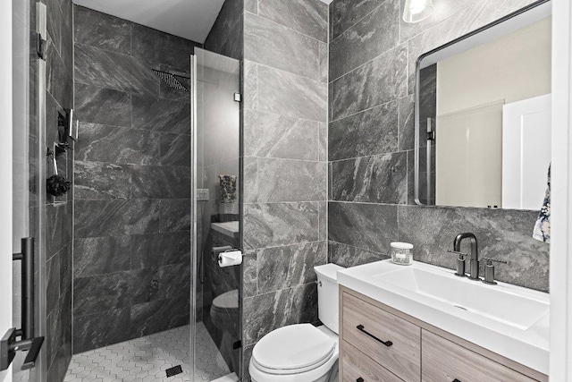 7993 W Fm 487, Florence, TX 76527 - full bathroom with a shower stall, vanity, and tile walls