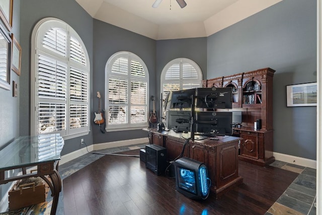 3708 Lajitas, Leander, TX 78641 - office area featuring a ceiling fan, dark wood finished floors, and a towering ceiling