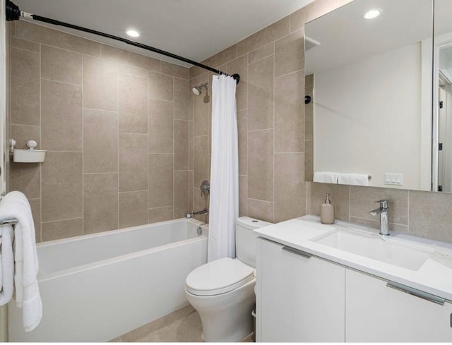 44 E Ave Unit 4305, Austin, TX 78701 - bathroom featuring tile walls, vanity, shower / tub combo, toilet, and recessed lighting