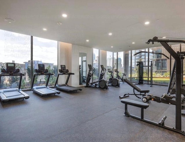 44 E Ave Unit 4305, Austin, TX 78701 - gym with a wall of windows and recessed lighting