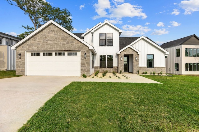 208 Ulupau Cir, Bastrop, TX 78602 - modern inspired farmhouse with board and batten siding, a garage, driveway, a front lawn, and stone siding