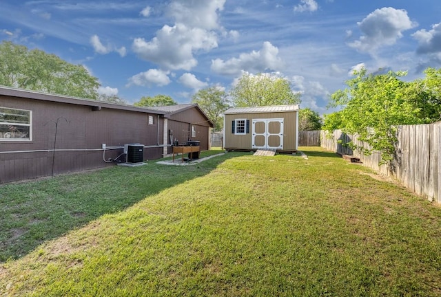 110 Live Oak St, Gonzales, TX 78629 - back of property with a fenced backyard, central AC, a shed, an outdoor structure, and a lawn