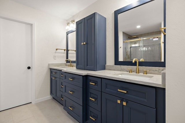1337 Neans Dr, Austin, TX 78758 - full bathroom featuring tile patterned floors, a sink, a shower stall, and double vanity