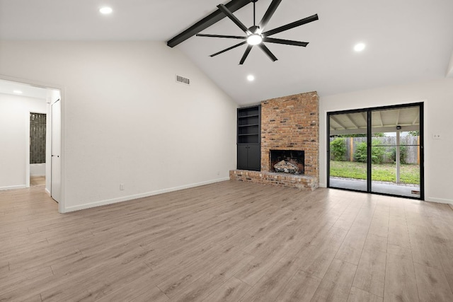 1337 Neans Dr, Austin, TX 78758 - unfurnished living room with light wood finished floors, beam ceiling, baseboards, visible vents, and ceiling fan
