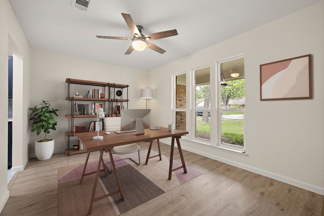 1337 Neans Dr, Austin, TX 78758 - home office featuring wood finished floors, visible vents, baseboards, and ceiling fan