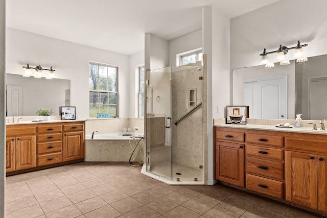 2800 Lomas Rodando Calzada Rd, Kempner, TX 76539 - bathroom with vanity, a stall shower, a bath, and tile patterned flooring