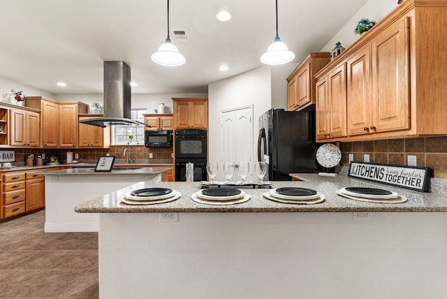 2800 Lomas Rodando Calzada Rd, Kempner, TX 76539 - kitchen with black appliances, open shelves, island exhaust hood, a peninsula, and backsplash