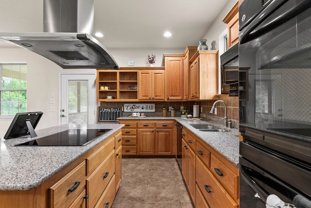 2800 Lomas Rodando Calzada Rd, Kempner, TX 76539 - kitchen featuring black appliances, island exhaust hood, a sink, open shelves, and backsplash