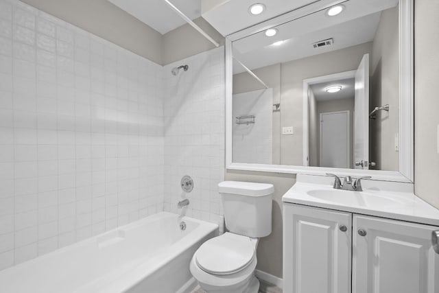 full bath with recessed lighting, visible vents, toilet, vanity, and tub / shower combination