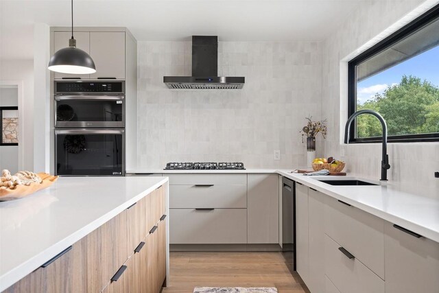 kitchen featuring wall chimney exhaust hood, a sink, modern cabinets, decorative backsplash, and appliances with stainless steel finishes