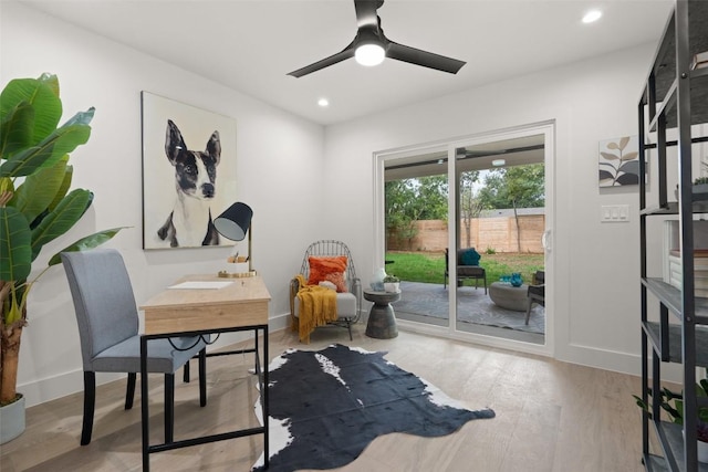 office featuring ceiling fan, baseboards, wood finished floors, and recessed lighting