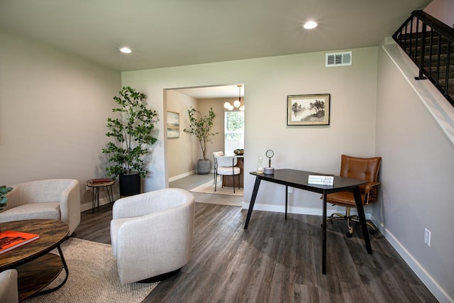 2011 Malvern Hill Dr, Austin, TX 78745 - home office with dark wood-style flooring, baseboards, recessed lighting, and a chandelier