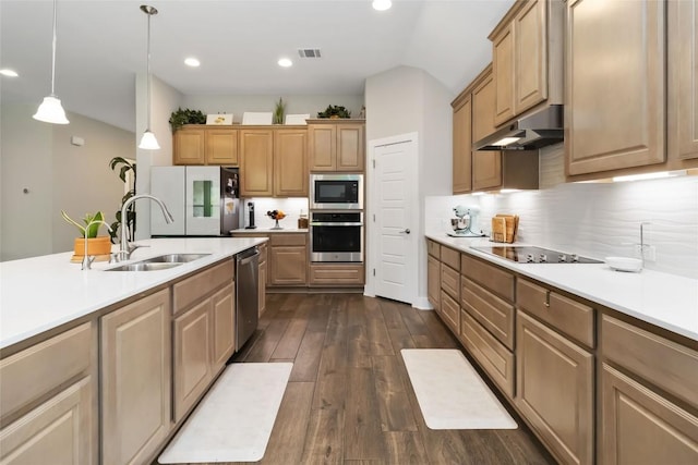 kitchen with a sink, under cabinet range hood, stainless steel appliances, dark wood-style flooring, and visible vents