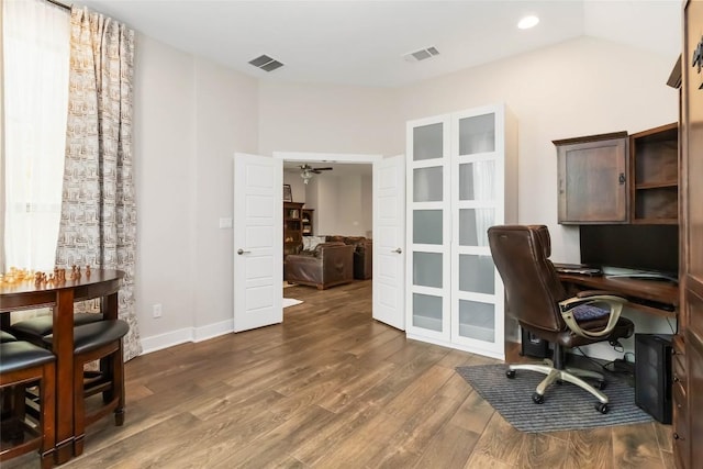 office with dark wood finished floors, visible vents, baseboards, and ceiling fan