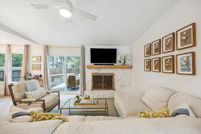 2602 Baxter Dr, Austin, TX 78745 - living area with lofted ceiling, ceiling fan, and a fireplace