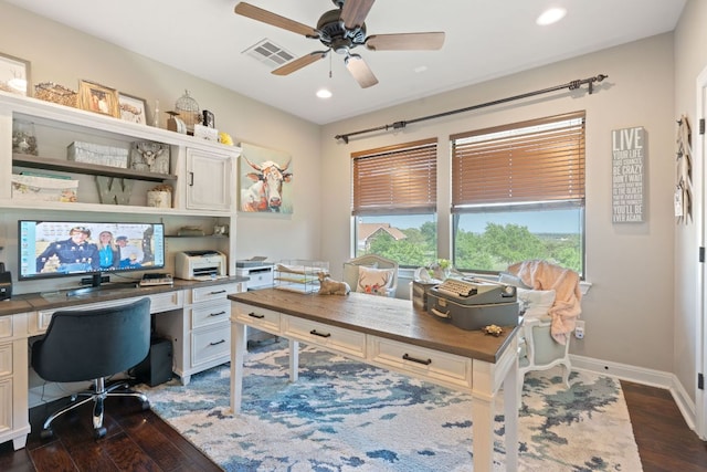 office with recessed lighting, dark wood-style floors, visible vents, a ceiling fan, and baseboards