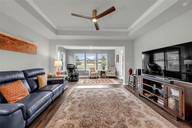 313 Brenham Pass, Georgetown, TX 78633 - living area with a raised ceiling, wood finished floors, a ceiling fan, crown molding, and baseboards