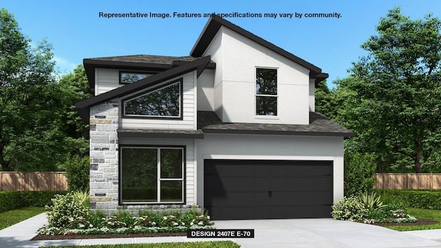 contemporary home featuring concrete driveway, stone siding, an attached garage, fence, and stucco siding