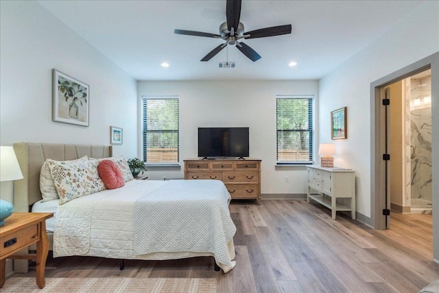 638 Oak Ln, Cottonwood Shores, TX 78657 - bedroom featuring multiple windows, wood finished floors, baseboards, recessed lighting, and ceiling fan