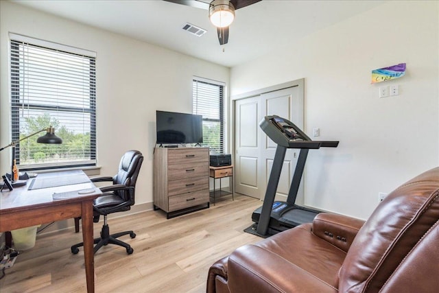 638 Oak Ln, Cottonwood Shores, TX 78657 - office area with light wood finished floors and ceiling fan