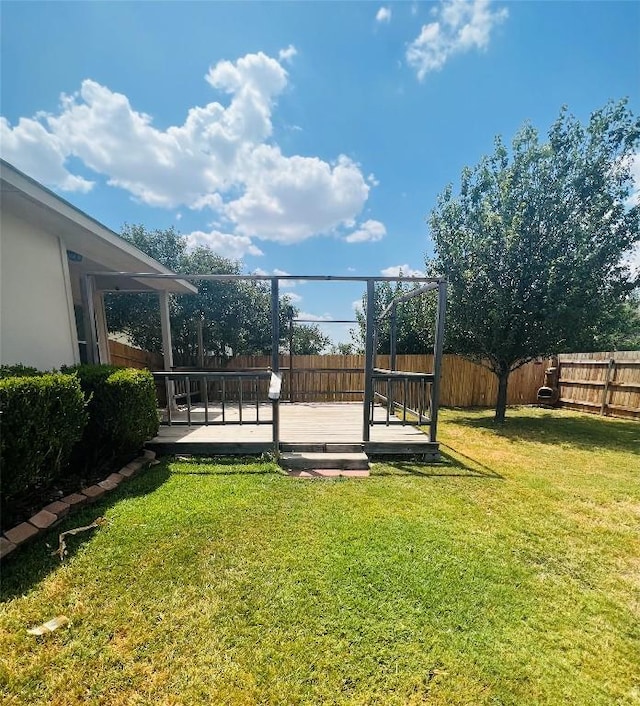 view of yard with a wooden deck and a fenced backyard