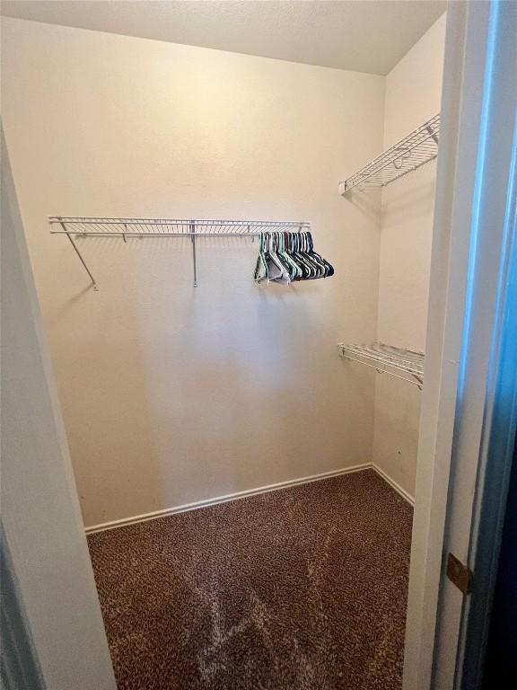 walk in closet with dark colored carpet