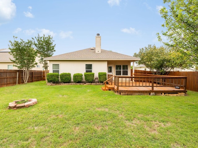 116 Brown St, Hutto, TX 78634 - back of property with a deck, an outdoor fire pit, a chimney, stucco siding, and a shingled roof