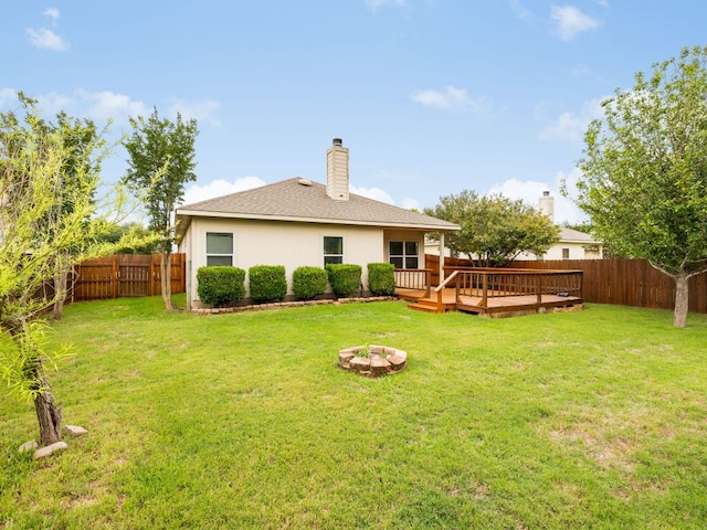 116 Brown St, Hutto, TX 78634 - back of house featuring a wooden deck, stucco siding, a chimney, a fire pit, and a shingled roof