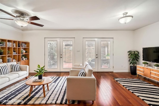 6609 Valleyside Rd, Austin, TX 78731 - living room with french doors, hardwood / wood-style floors, and a ceiling fan