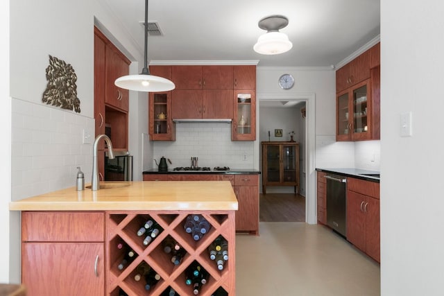 4103 Ave F, Austin, TX 78751 - kitchen with stainless steel dishwasher, a sink, decorative backsplash, glass insert cabinets, and ornamental molding