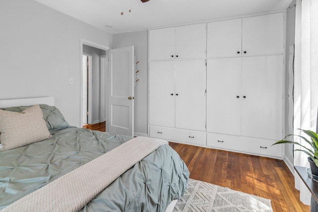bedroom featuring wood finished floors and a closet