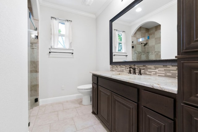 2304 High Lonesome, Leander, TX 78641 - full bathroom with toilet, a shower stall, vanity, backsplash, and ornamental molding