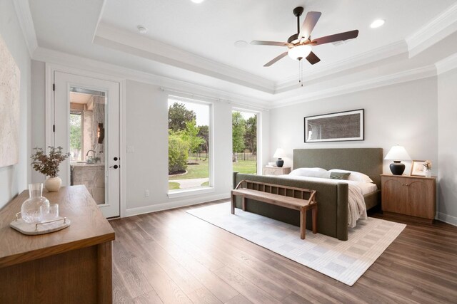 2304 High Lonesome, Leander, TX 78641 - bedroom featuring a tray ceiling, multiple windows, wood finished floors, crown molding, and recessed lighting