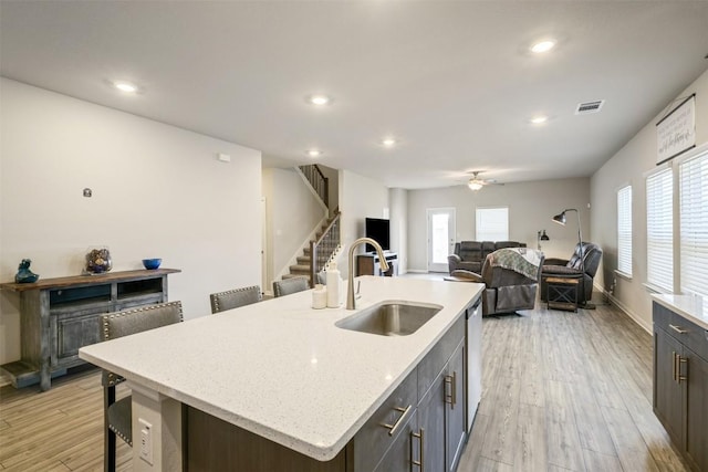 10310 Mager Ln, Hutto, TX 78634 - kitchen featuring a sink, dishwasher, ceiling fan, light wood finished floors, and recessed lighting