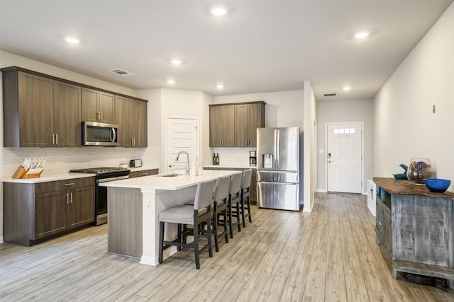 10310 Mager Ln, Hutto, TX 78634 - kitchen featuring stainless steel appliances, a sink, a kitchen bar, a center island with sink, and decorative backsplash