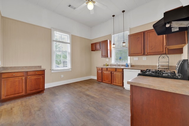 kitchen with a ceiling fan, dishwasher, dark wood-style flooring, gas stove, and ventilation hood