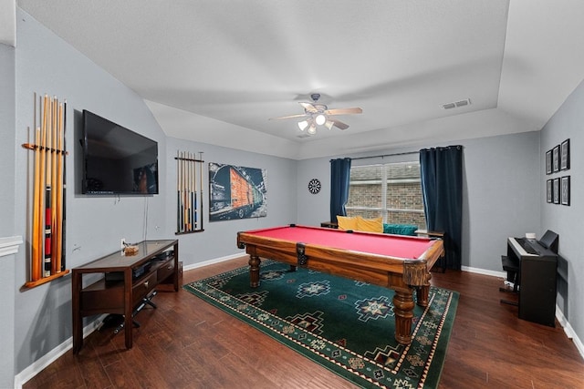 rec room featuring billiards, wood finished floors, visible vents, a ceiling fan, and baseboards