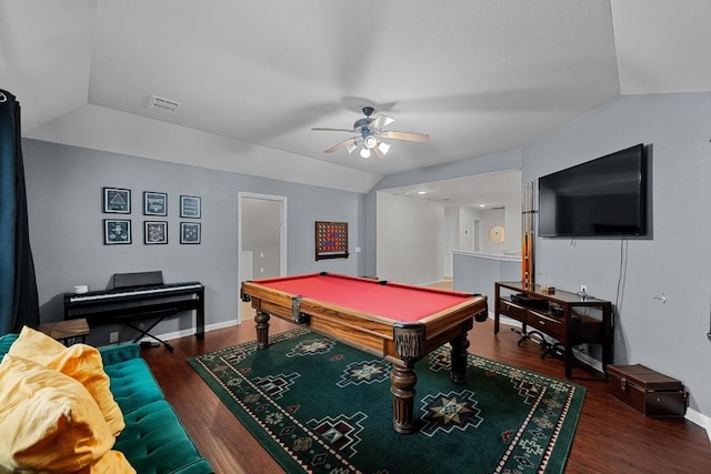 game room with lofted ceiling, a ceiling fan, and visible vents