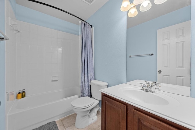 full bathroom featuring tile patterned floors, shower / bath combo, toilet, a chandelier, and vanity