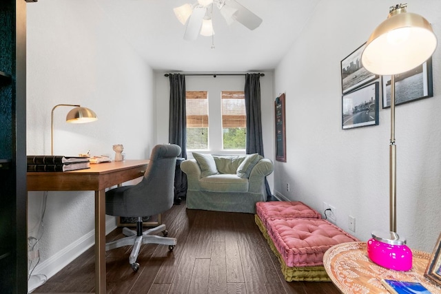 office area featuring hardwood / wood-style flooring and ceiling fan