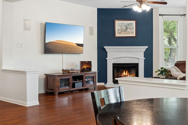 dining area with wood finished floors, a ceiling fan, a lit fireplace, and baseboards