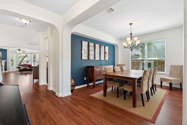 3614 Turkey Path Bnd, Cedar Park, TX 78613 - dining room with a chandelier, wood finished floors, and a ceiling fan