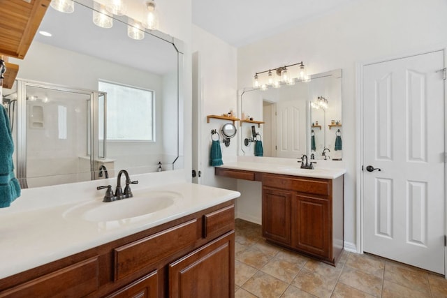3614 Turkey Path Bnd, Cedar Park, TX 78613 - bathroom with a shower stall, tile patterned flooring, and vanity