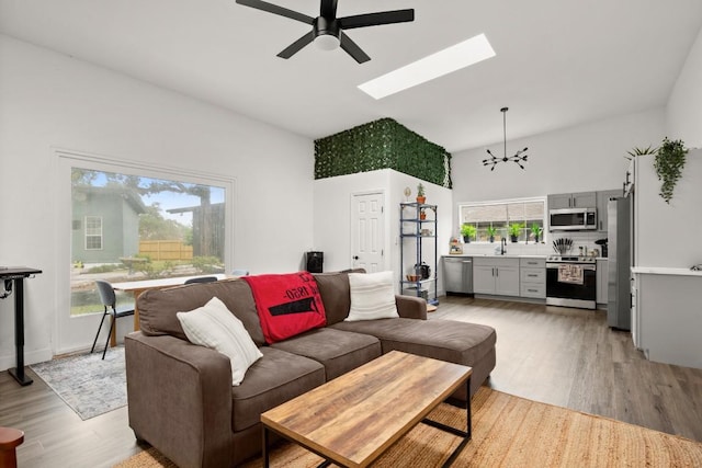 living room featuring ceiling fan with notable chandelier, a skylight, a towering ceiling, and light wood-style floors