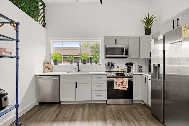 kitchen with stainless steel appliances, wood finished floors, a sink, and tasteful backsplash