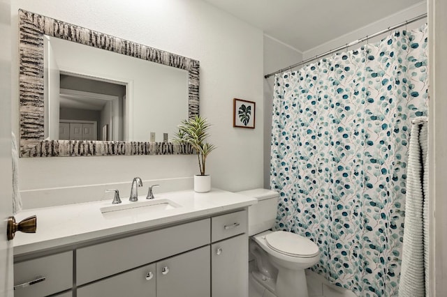 bathroom featuring a shower with curtain, vanity, and toilet